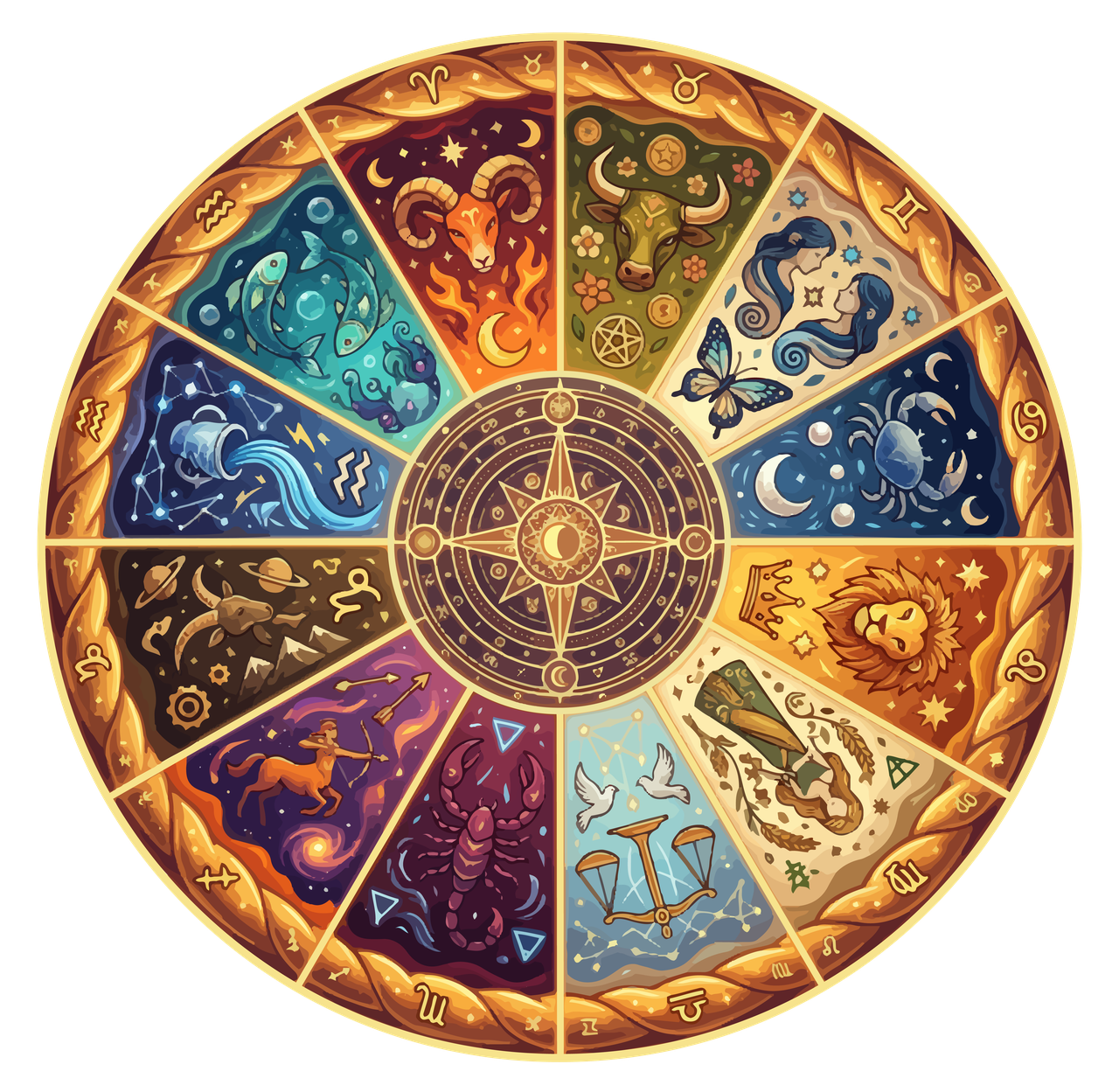 A circular pizza divided into twelve zodiac slices